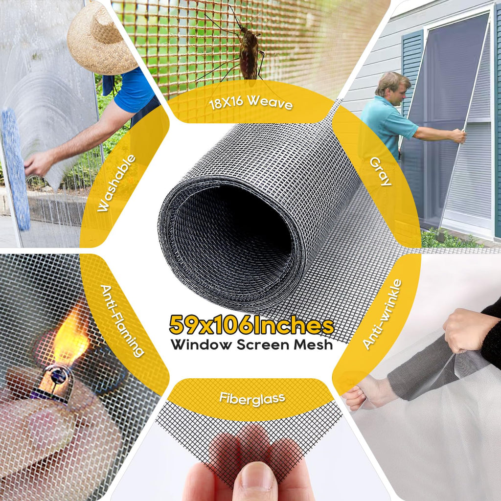 King&Charles Window Screen Door Repair/Replacement Kit, Include Gray Screen Mesh 59"x106"+ 2 Roller+50Ft Spline+8Clips+Hook, 6 in 1 Window Mesh Kit, Steel/Nylon Bearing Roller