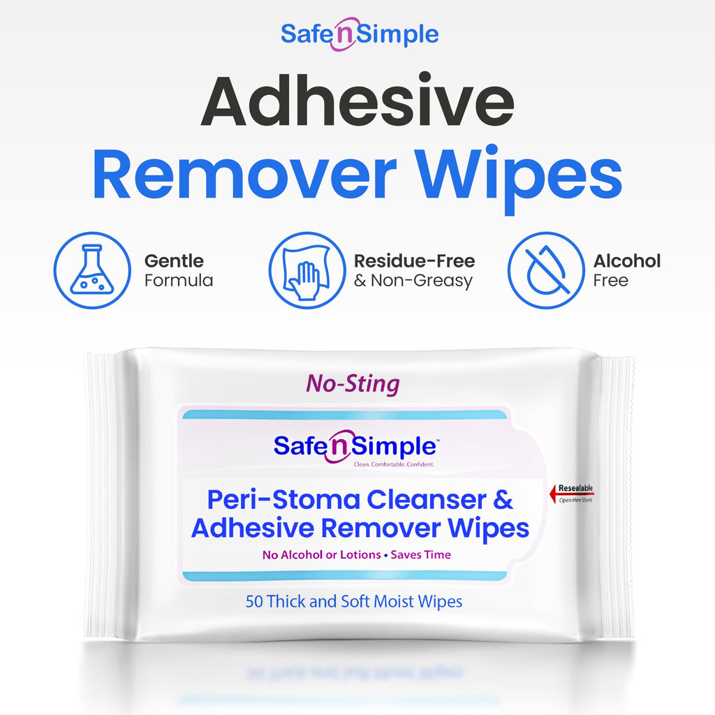 Safe n’ Simple Resealable Adhesive Remover Wipes for Skin - 50 Large 5"x7" No Sting Alcohol Free Medical Adhesive Remover Pads for Ostomy, Stoma Care - Gentle Adhesive Removal Wipes for Bandages, Tape