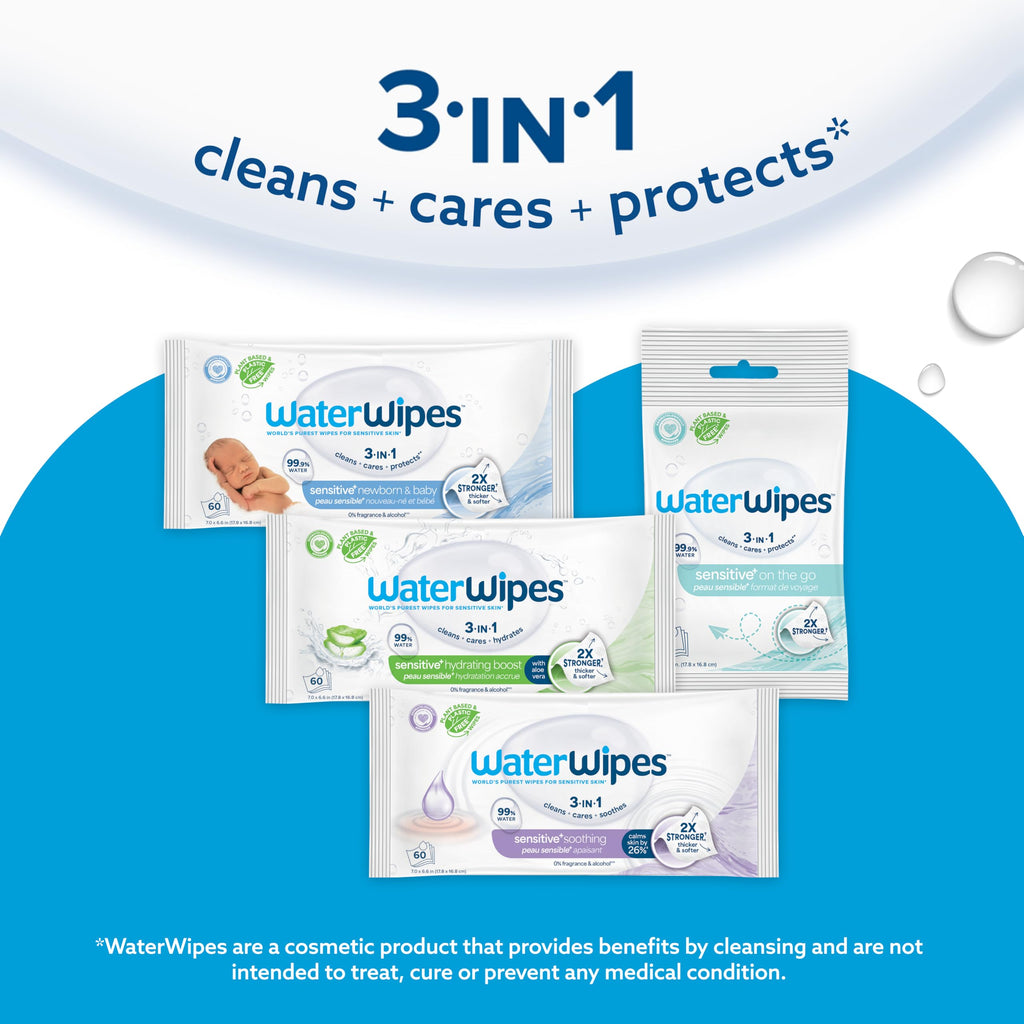 WaterWipes Sensitive+ On The Go Wipes,3-In-1 Cleans,Cares,Protects,99.9% Water,Unscented & Hypoallergenic Wet Wipes,28 Count (Pack of 2)