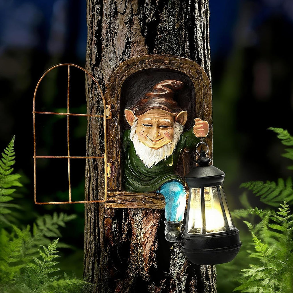 ZioWio Garden Gnome Statue, Tree Faces Decor Outdoor with Solar Lantern