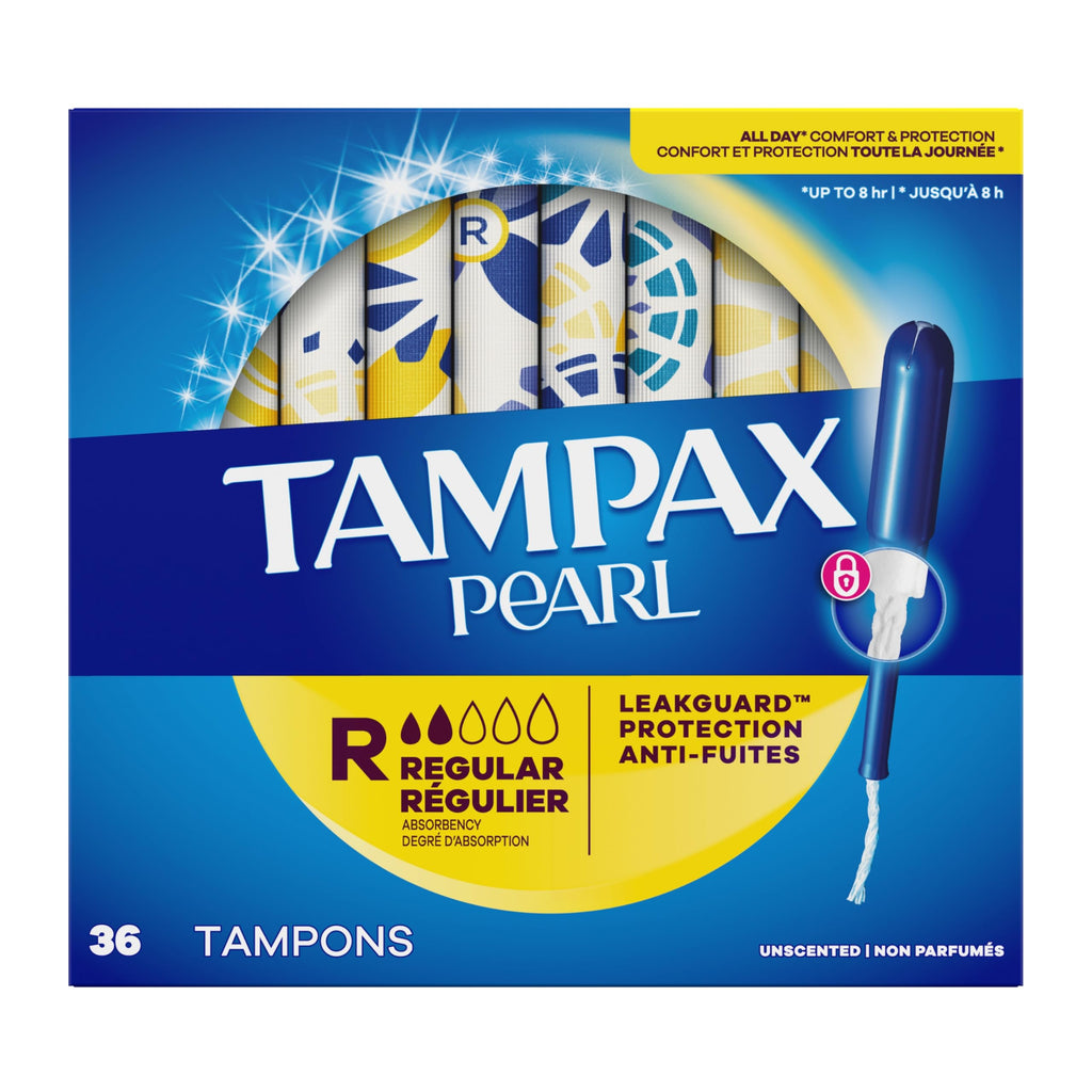 Tampax Pearl Tampons for Women, with LeakGuard Braid, Regular Absorbency, Unscented, 36 Count