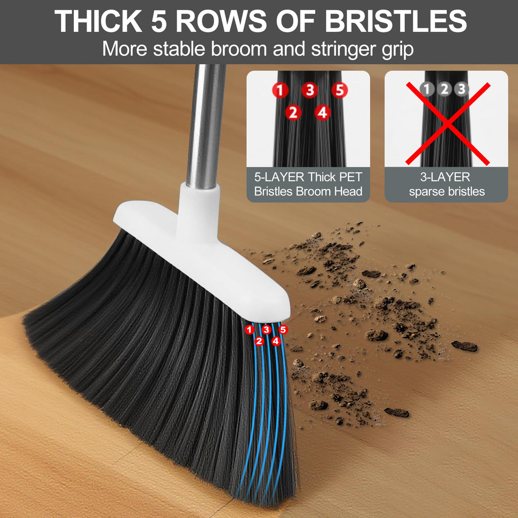 BSKLIN Broom and Dustpan Set, Broom Dustpan Combo Set for Home 52-in Long Adjustable Handle Broom with Dustpan Teeth to Clean Hair for Home Office Kitchen Lobby(White)