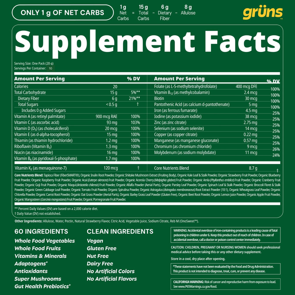 Gruns Sugar-Free Super Greens Gummies, Multivitamin Superfood Gummy Bears, Spirulina, Chlorella, Prebiotics & Fiber gummies for Digestive Health, Adaptogens Supplement, 20 Vitamins & Minerals, 10 pack