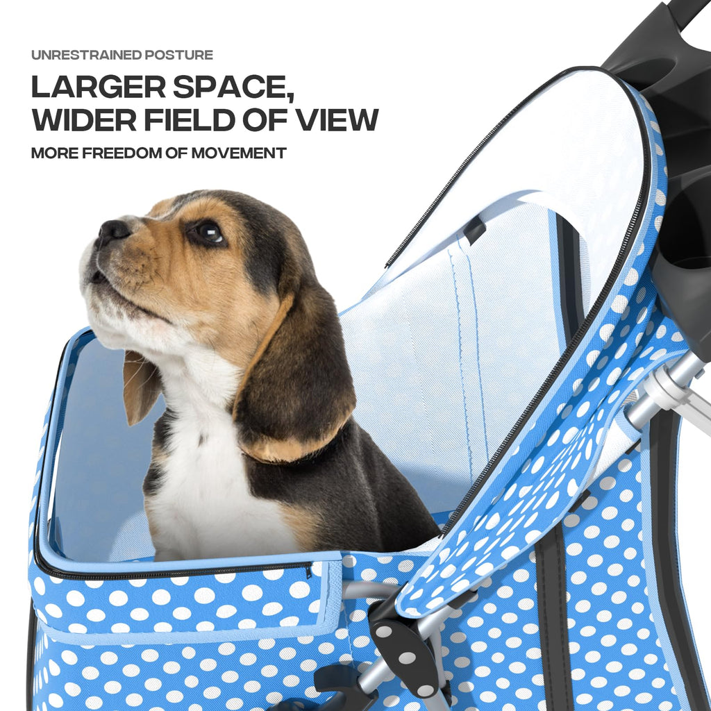 Pet Stroller for Small Dogs 10 lbs, Dog Stroller for Medium Dogs 30 lbs, Cat Strollers for 2 Cats, 3 Wheels Foldable Jogger Puppy Stroller with Storage Basket and Cup Holder, Blue Polka Dots