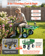 VEVOR 500 LBS Steel Garden Cart with Work Seat, Heavy Duty Garden Wagon Cart on Wheels, Outdoor Metal Utility Yard Wagon Gardening Stool with 10inch Flat Free Tires & Adjustable Handle, Green