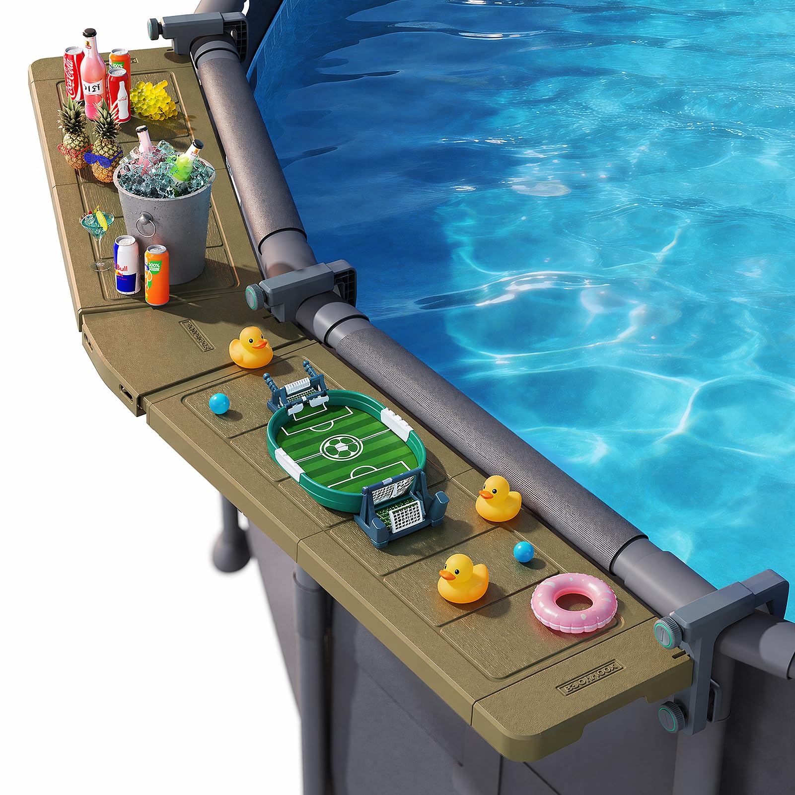 POOLHACKER Poolside Bar Extended for Above-Ground Round Pools, Original Swim-Up Bar Table, Foldable Patio Poolside Table, Weather-Resistant Stable Tabletop, Easy Maintenance, Brown