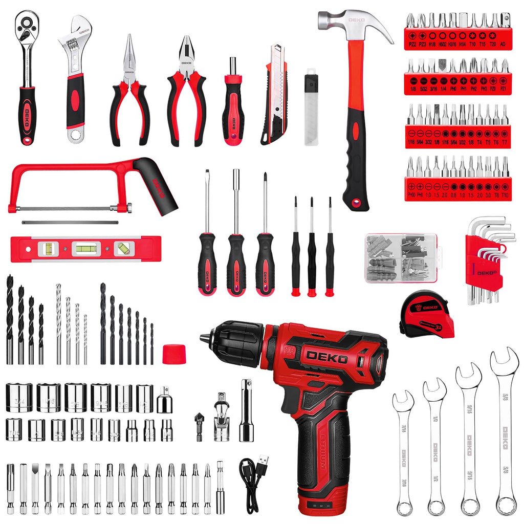 Drill Tool Set：Tool Kit with 12V Power Cordless Drill Hand Repair Tools Box with Drill, Home Tool Kits for Men & Women, Hand Drill Set Perfect for Homeowner, Diyer, Handyman - Red