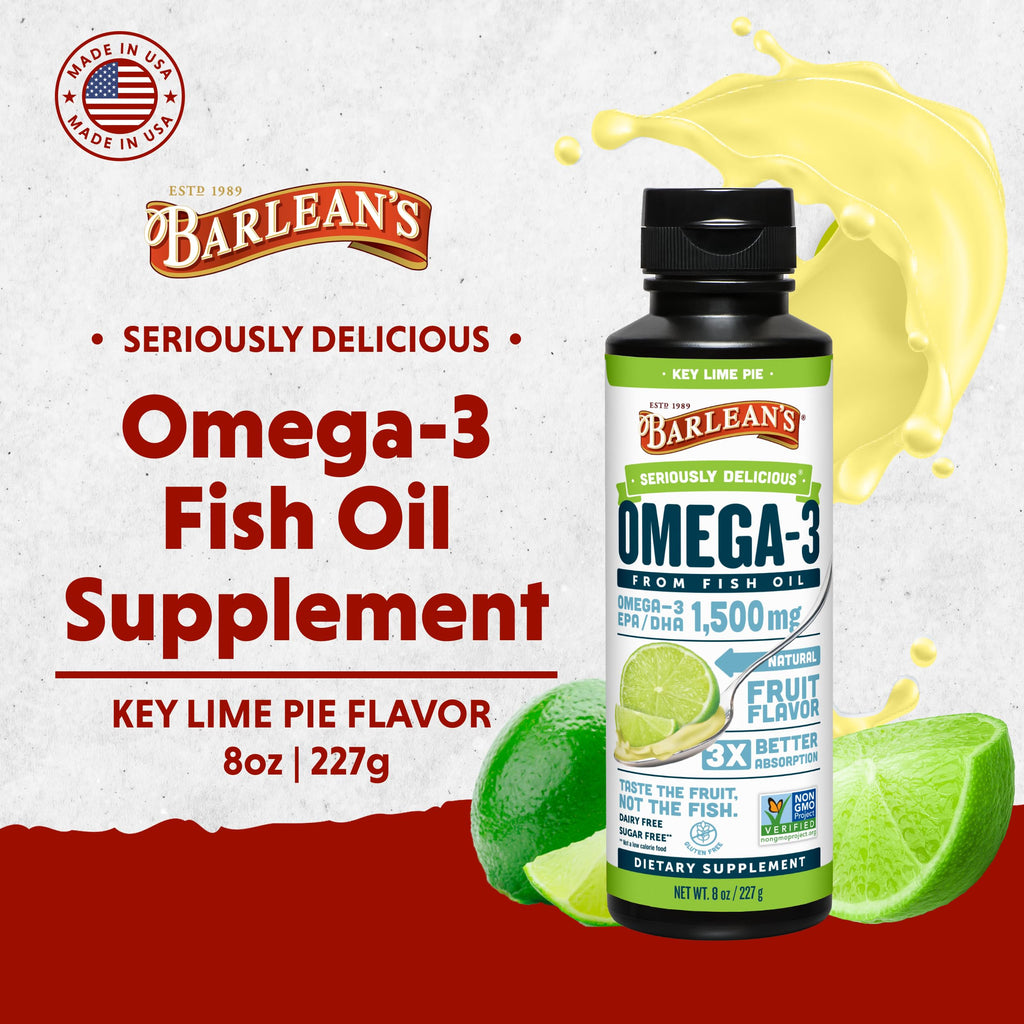 Barlean's Omega 3 Fish Oil Liquid Supplement for Men and Women, 1500mg of EPA and DHA Fatty Acid, Promotes Brain & Heart Health - Non-GMO, Key Lime Pie, 8 oz