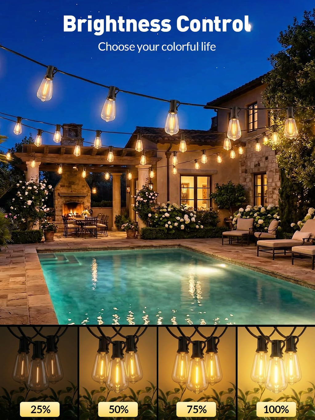 100ft-Solar-String-Lights-Outdoor-Waterproof-Solor-Powered-Patio-Light-Hanging-Outside-Backyard-Camping-Yard-Gazebo-Garden-Pergola-Bistro-Balcony-Cafe-Party-Fence-Lighting LED Edison Bulb & Remote