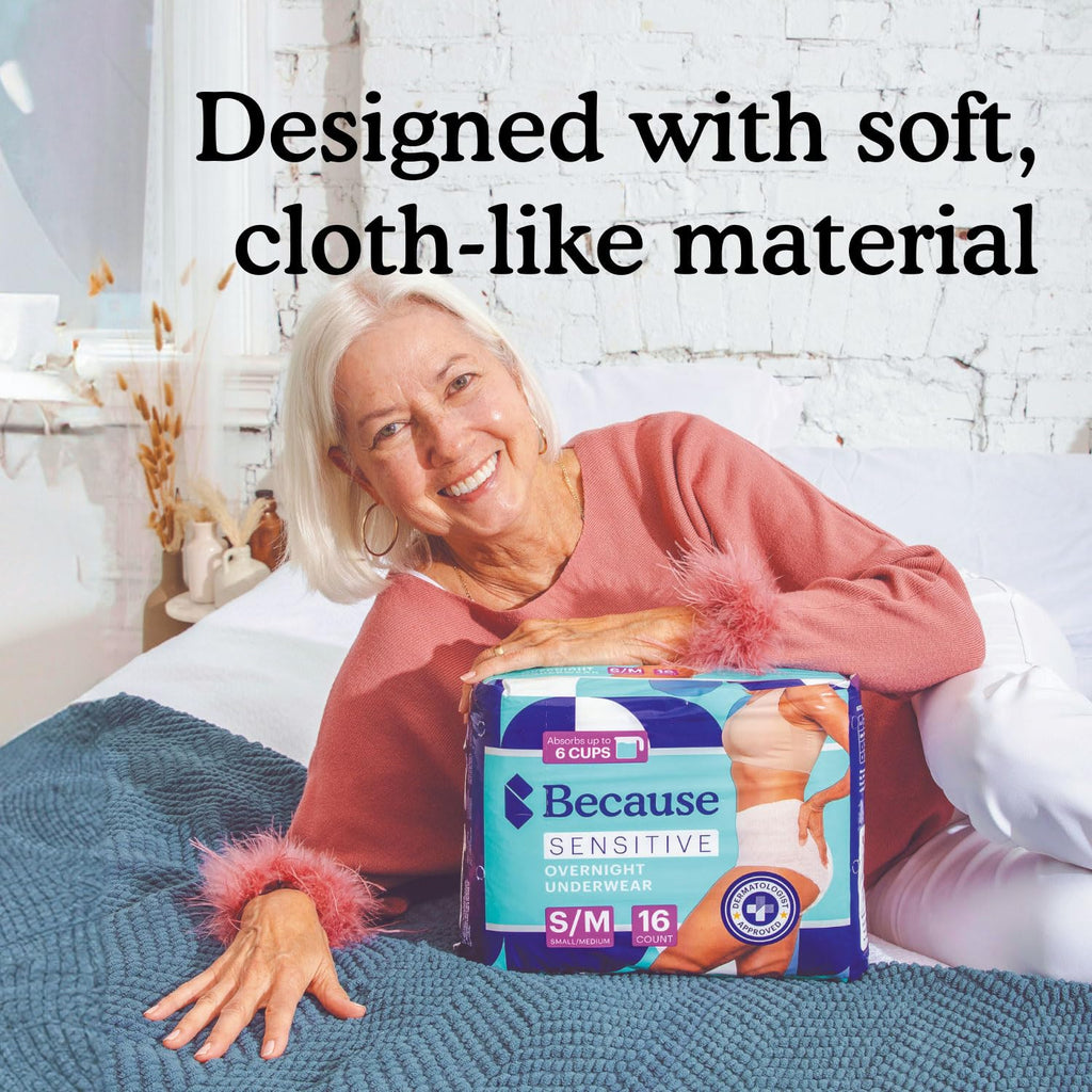 Because Adult Incontinence Underwear for Sensitive Skin - Women - Premium Overnight Disposable Briefs, Anti Odor - White, Small/Medium - Absorbs 6 Cups - 16 Count (Pack of 1)
