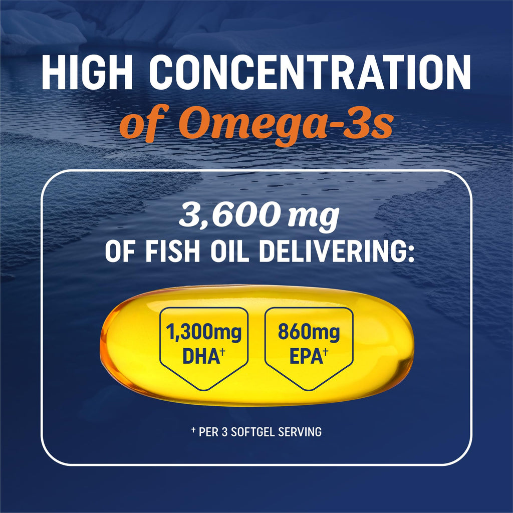 Triple Strength DHA Omega 3 Fish Oil 3600 mg | Over 2100mg Omega-3 Fatty Acids with 860mg of DHA | 1300mg EPA | Best Essential Fatty Acids | Premium Wild Caught & Burpless Fish Oil | 120 ct.