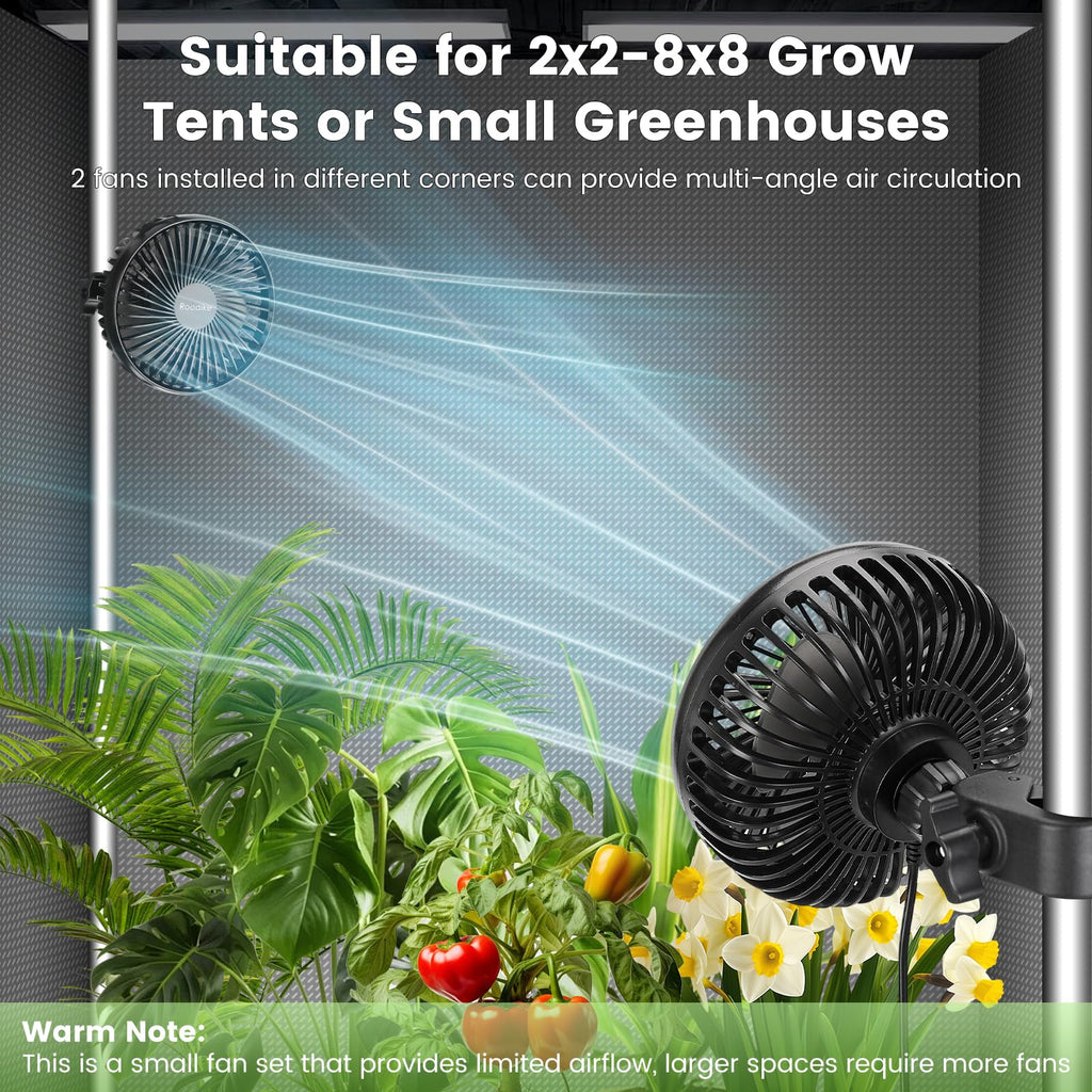 Roodike 5" Clip-on Fan 2 Units for Grow Tent Greenhouse Plant Shelf