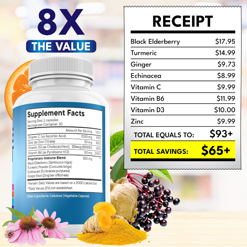 8 in 1 Immune Support Booster Supplement with Echinacea, Vitamin C and Zinc 50mg, Vitamin D 5000 IU, Turmeric Curcumin & Ginger, B6, Elderberry (8 in 1 Capsules (Pack of 5))