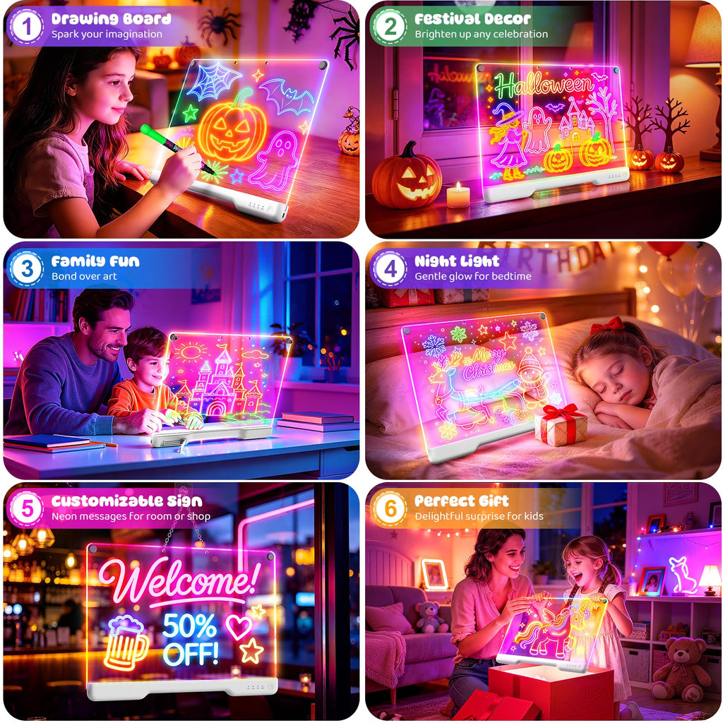 LED Drawing Board with 9 Light Effects, Rechargeable 16" Glow Doodle Note Message Board with Colors, Neon Light Up Drawing Pad Gift Ideas for Kids, Birthday, Christmas with Markers & Tracing Book