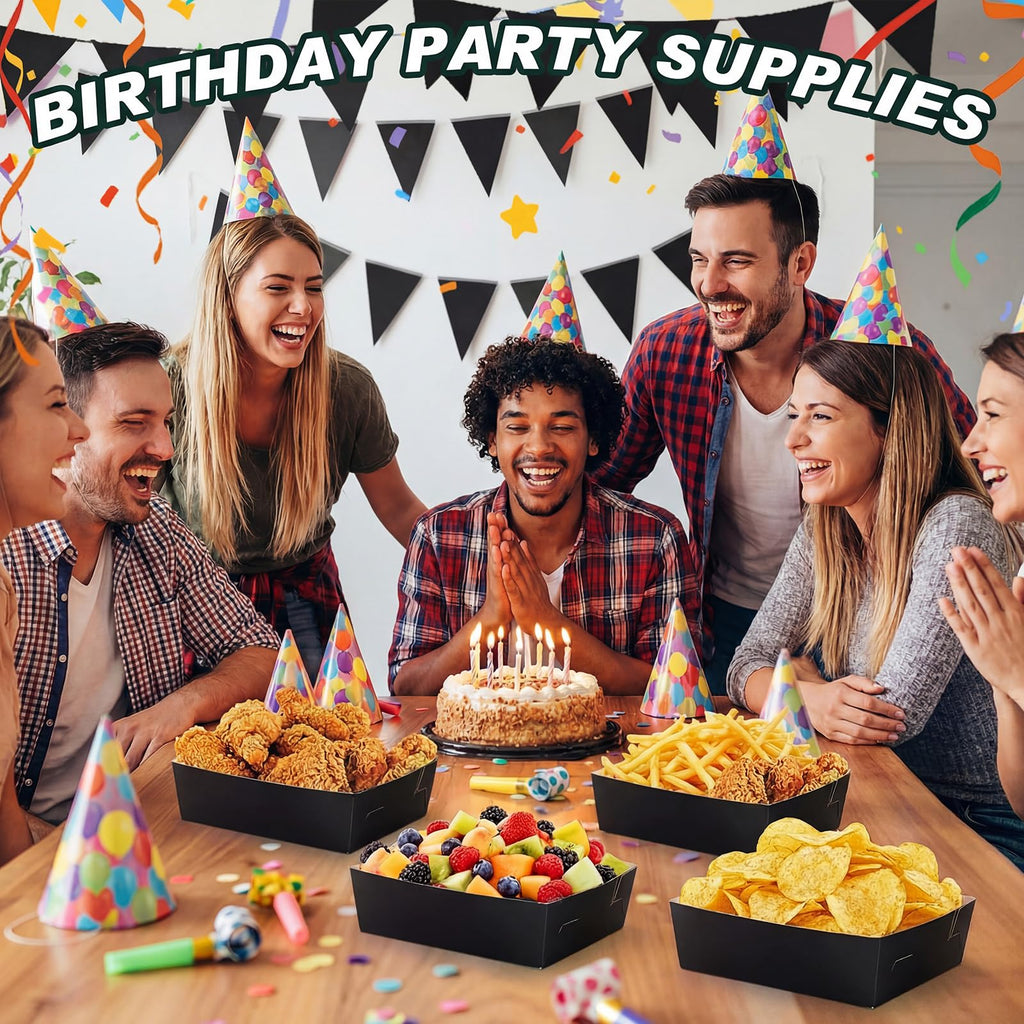 Uiifan 50 Pcs 5 lb Extra Large Paper Food Trays Disposable Food Boat Nacho Plate Serving Snack Trays Grease Resistant Self-assembly for Graduation Birthday Wedding Party Supply (Black)