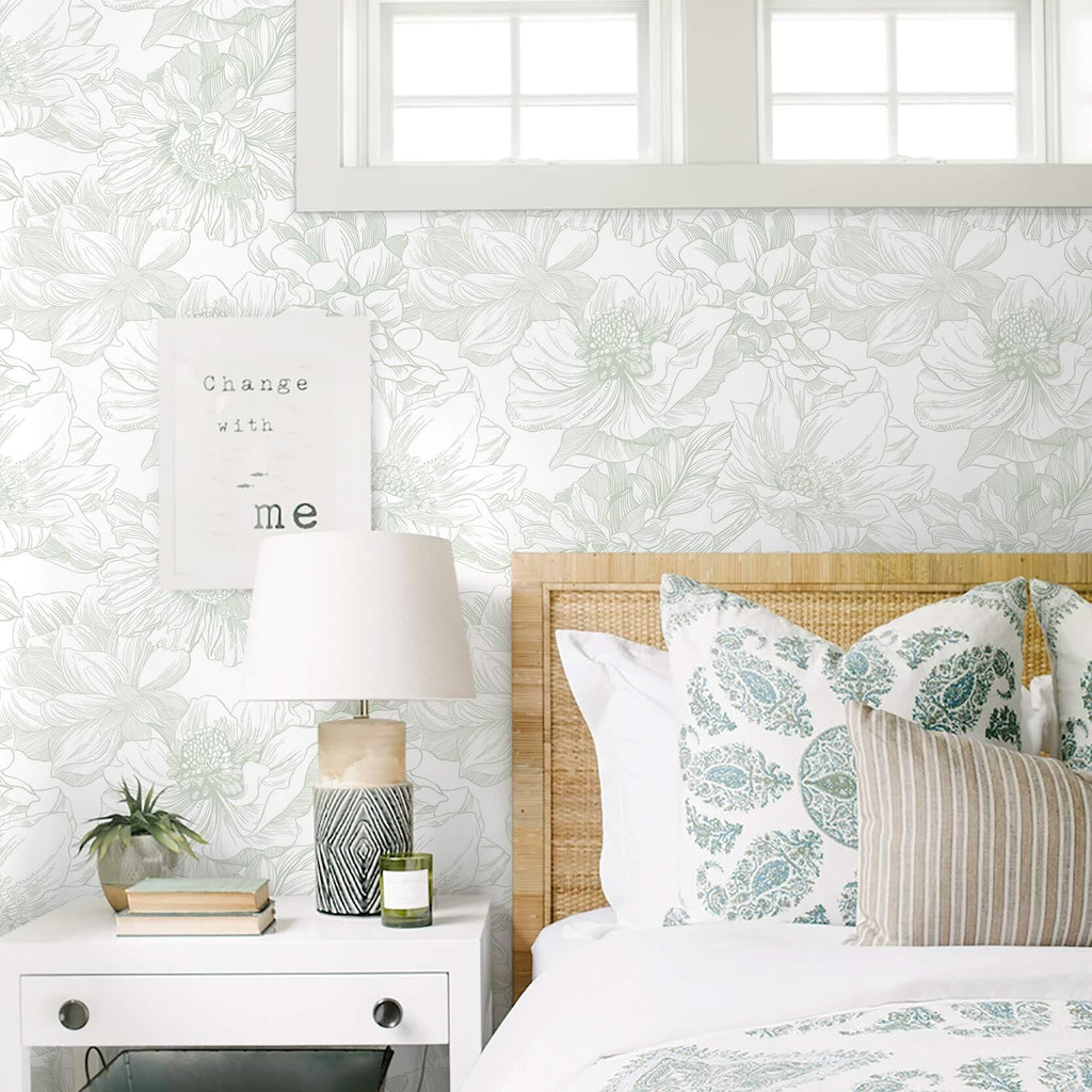 Ismoon Large Floral Peel and Stick Wallpaper Boho White and Green Contact Paper 17.3inx32.7ft Modern Wall Paper Removable Self Adhesive Vinyl Wallpaper for Bedroom Cabinet Bathroom Mural Wall Decor