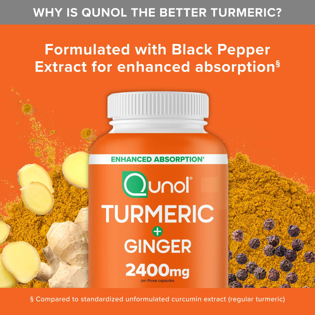 Qunol Turmeric Curcumin with Black Pepper & Ginger, 2400mg Turmeric Extract with 95% Curcuminoids, Extra Strength Supplement, Enhanced Absorption, Joint Support Supplement, 105 Count