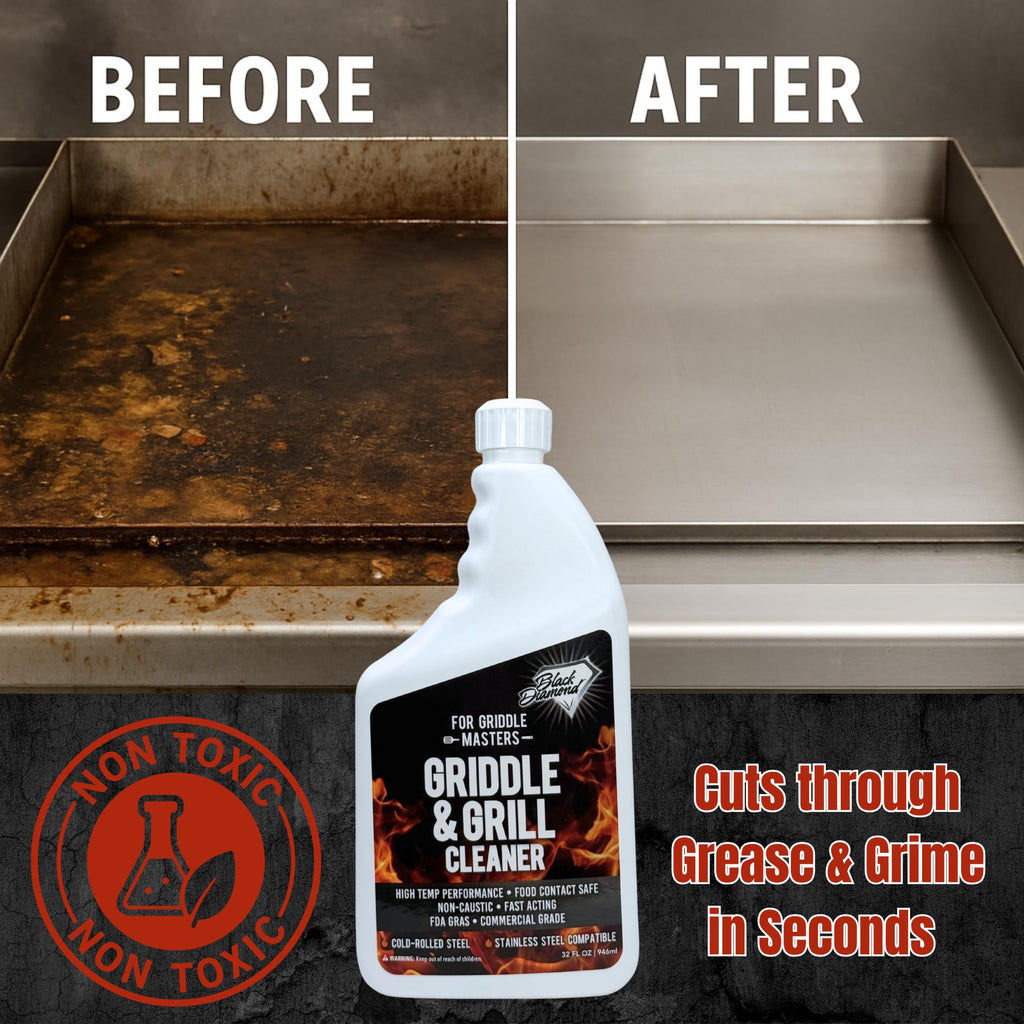 Black Diamond Stoneworks Griddle & Grill Cleaner – Flat Top Griddle Cleaner, Non-Caustic, Food-Contact Safe, Unscented, Residue-Free, Stainless & Cold-Rolled Steel, 32 fl oz (32)