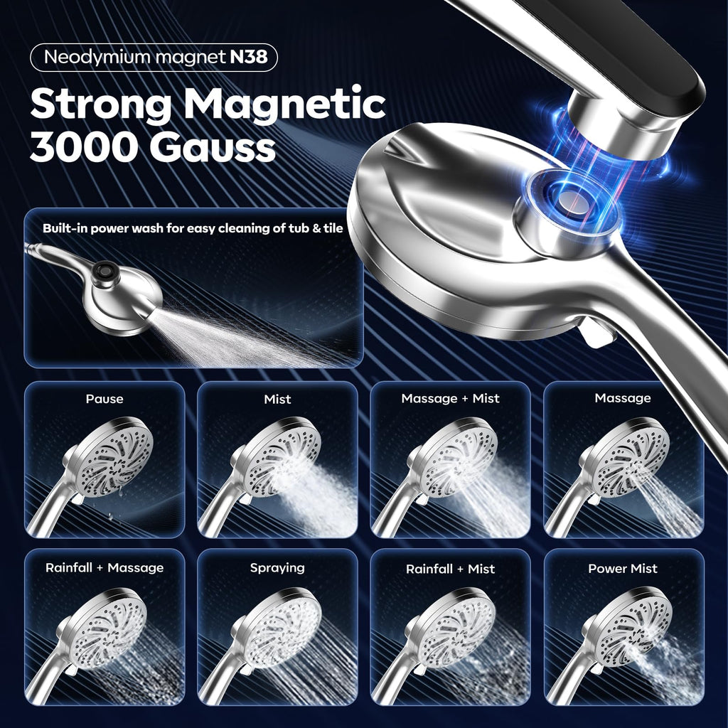 Rain Shower Head with Handheld,Dual Shower Head with Hose,Detachable 10" High Pressure Shower Head Combo with 9 Settings Shower Spray Built-in Magnetic Docking & Power Wash Mode (Chrome)