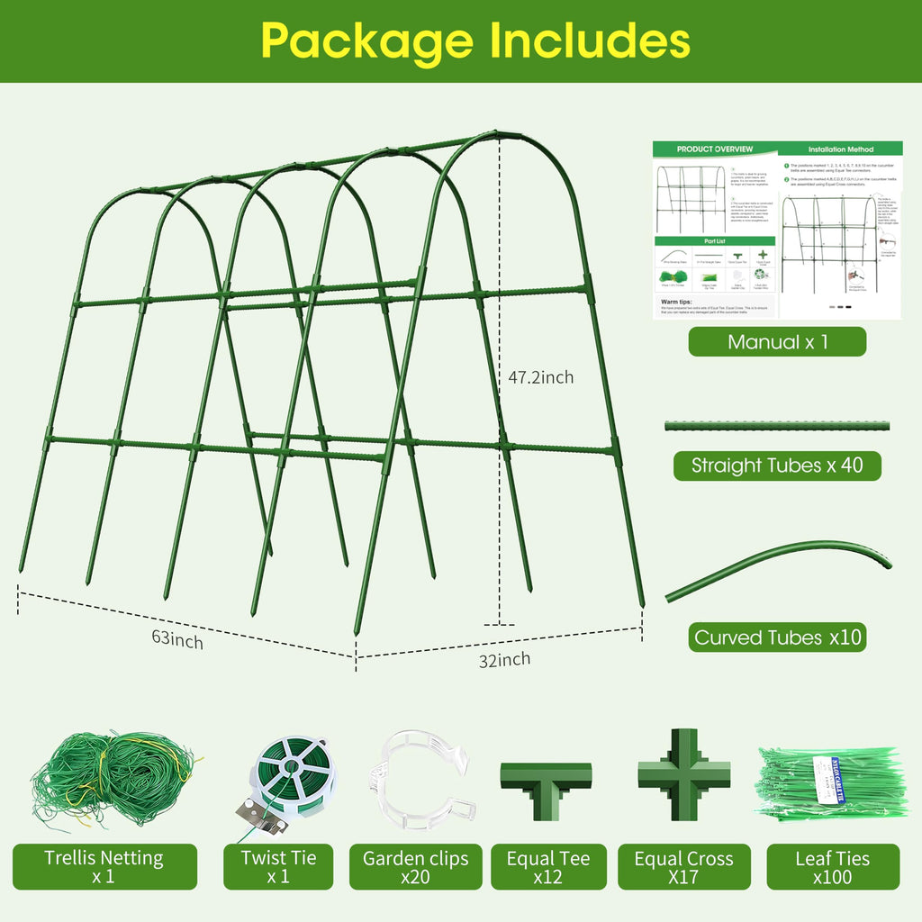 MQHUAYU Cucumber Trellis for Raised Bed,U-Shape Garden Trellis for Climbing Plants Outdoor, Metal Arch Vegetables Trellis, Plant Support for Vine (Green, 63" Lx21.6 Wx47.2 H-Large)
