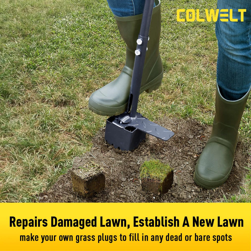 Colwelt Sod Plugger Tool 36-INCH, Grass Plug Tool 3 x 3 Square with Serrated Base, Bulb Planter Tool Long Handle with Dual Pedals & Easy Foot Ejector, Sod Turf Cutter for Lawn Planting Grass Repair