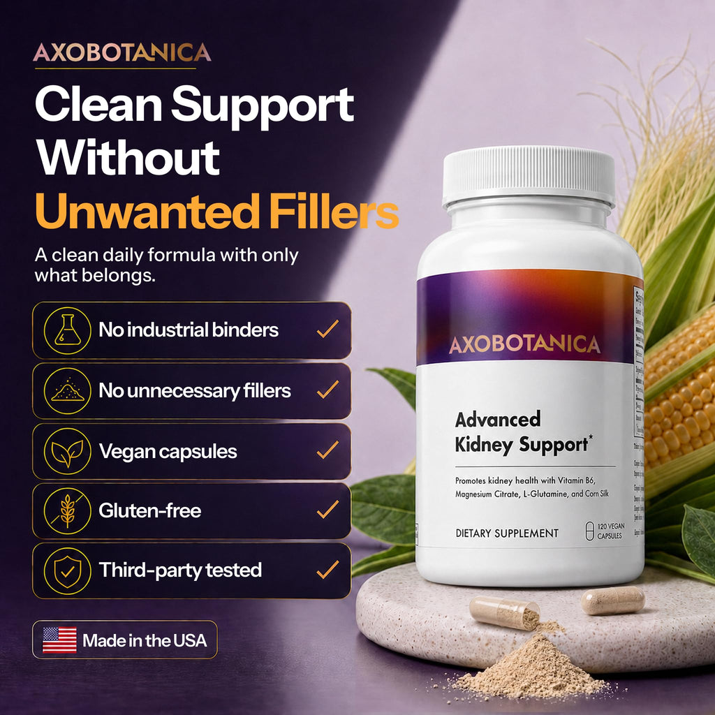 Axobotanica Kidney Cleanse Detox & Repair - Vitamin B6, Magnesium, L-Glutamine & Cornsilk - Kidney Support Supplement, Urinary Flow & Bladder Comfort - 120 Capsules (1 Bottle, 60 Servings)