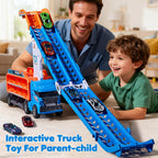 Race Track Truck Toys for 3 4 5 6 Years Old Kids - Carrier Truck Transport Car with 6 Die-Cast Cars Toys, 4-in-1 Truck with 2 Foldable Race Tracks, Christmas Birthday Gifts Toy for Toddler Boys, Blue
