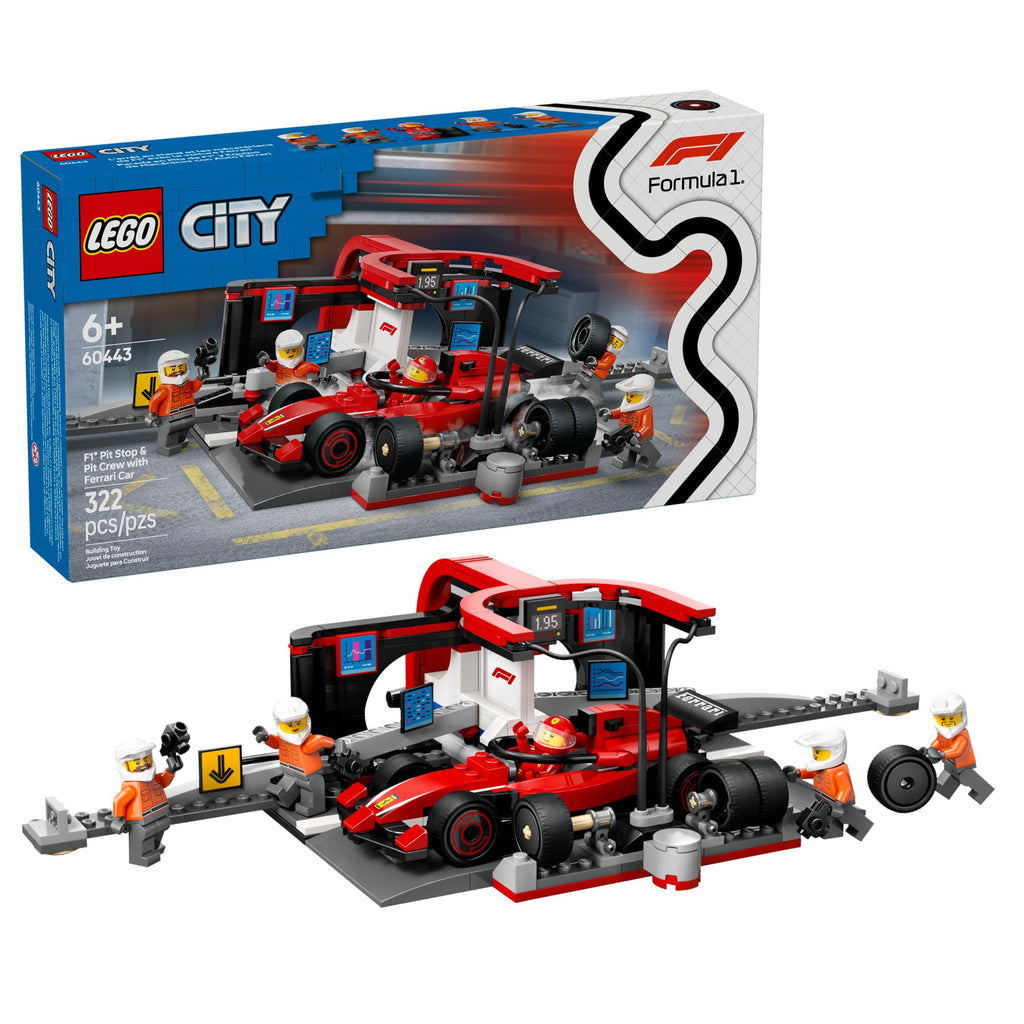 LEGO City F1 Pit Stop & Pit Crew with Ferrari Car Toy - Model Race Car Toy Building Playset for Kids - F1 Collectible for Fans - 6 Year Old Boy & Girl Birthday Gift - 60443