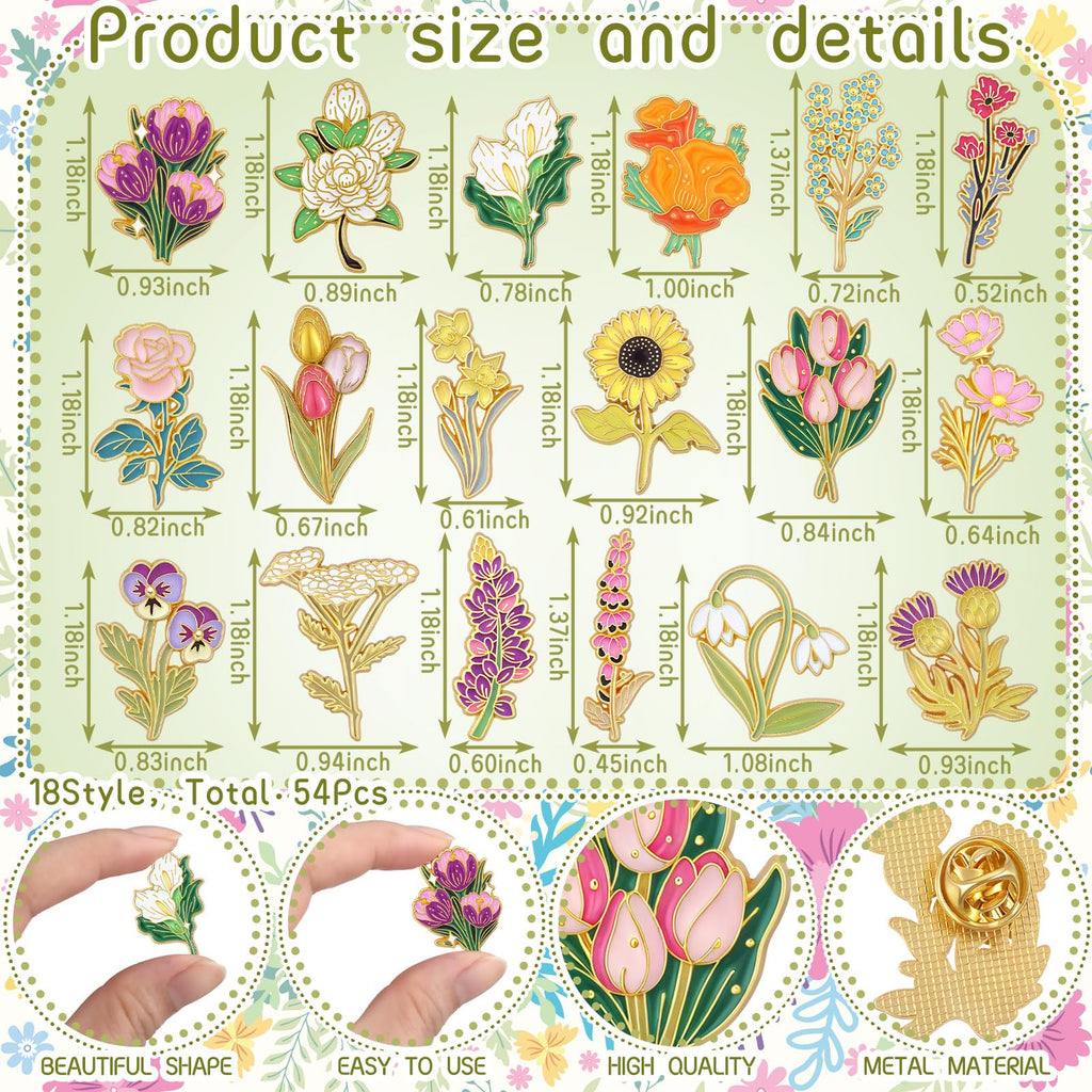 Tondiamo 54 Pcs 54 Pcs Enamel Pins Flower Enamel Pins Brooch, Wildflower
