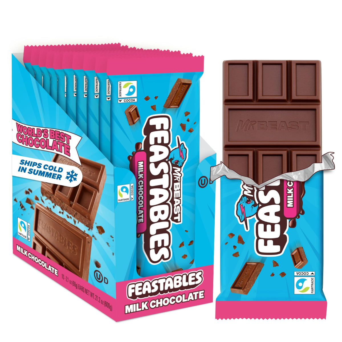 MrBeast Feastables Milk Chocolate Bar, King Size, 10 Count, Fairtrade Cocoa