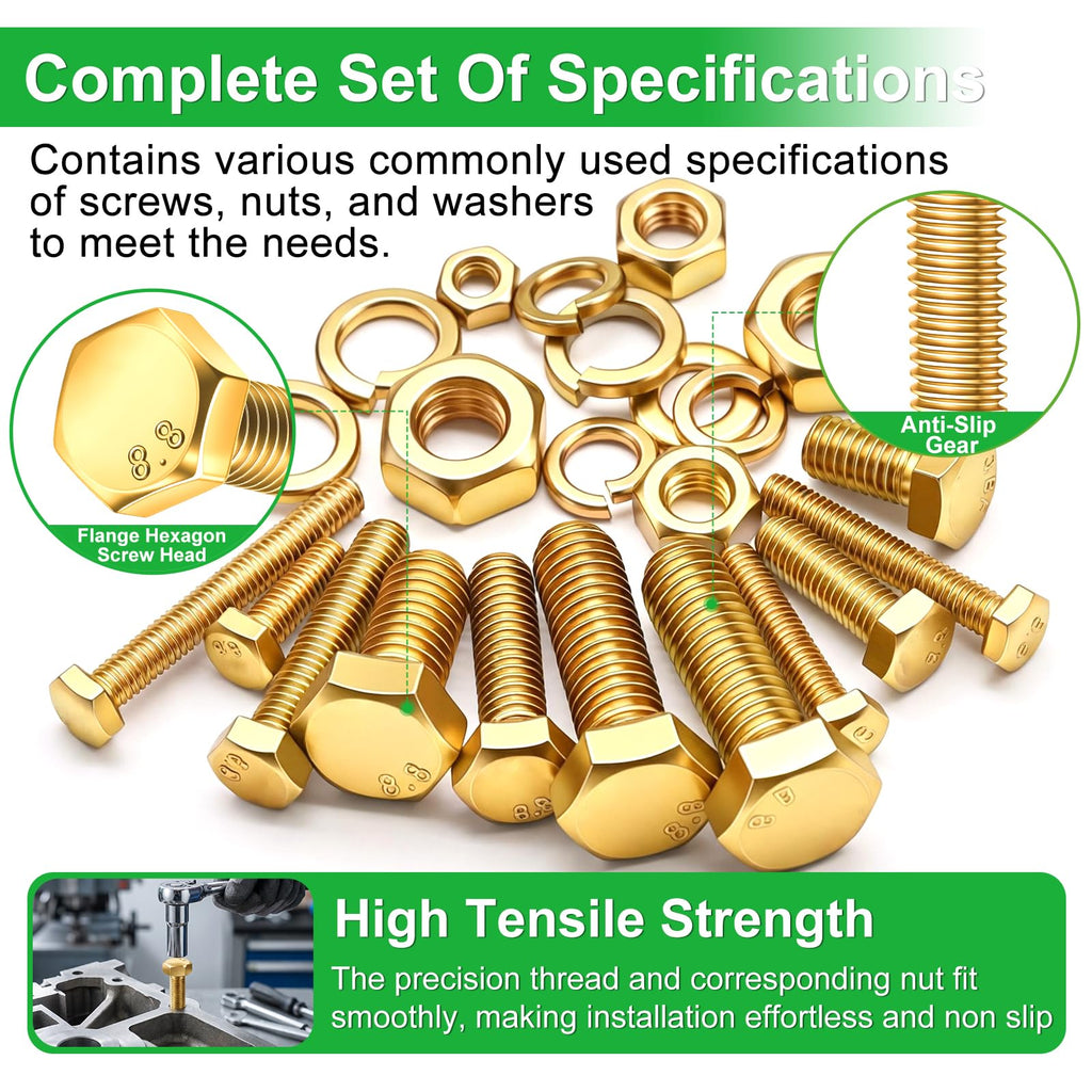 Twidec/1505PCS Metric Bolt Assortment M4/M5/M6/M8 Length from 12-40mm Grade 8.8 Hex Head Nuts and Bolts Assortment Kit,Heavy Duty Bolts and Nuts Kit, Flat & Spring Lock Washer Gold Zinc Plating