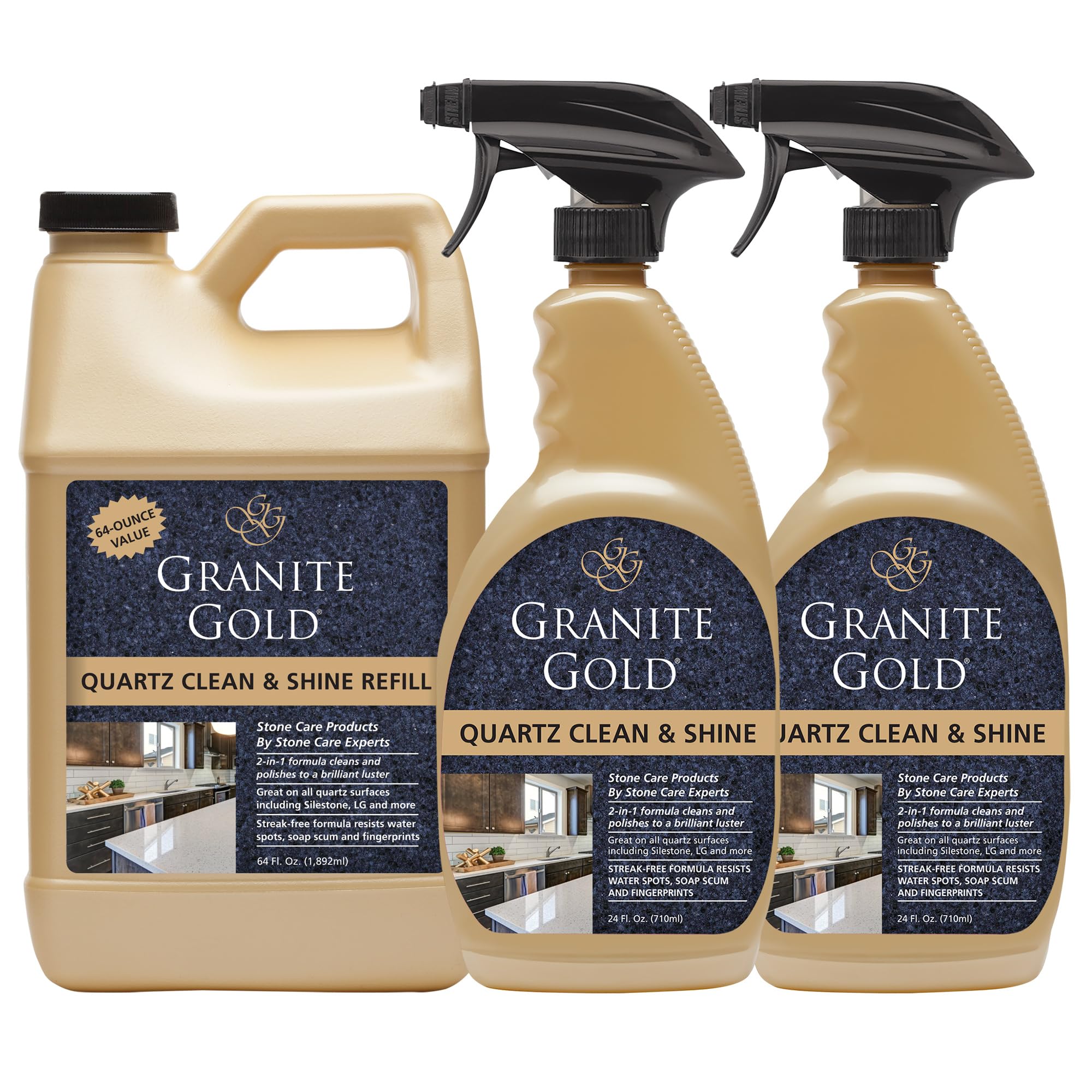 Granite Gold Quartz Clean & Shine Streak-Free Cleaner Deeps Cleans and Polishes All Quartz Surfaces Including Silestone, LG, and More, 64 Fluid Ounces and 2 x 24 Fluid Ounces