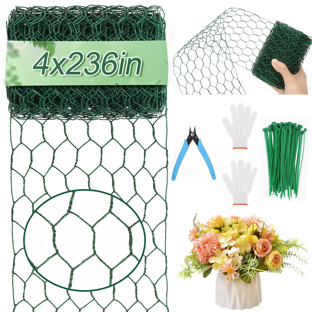 ROADPLUM 4 × 236 in Floral Wire Netting, Green Chicken Wire for Floral Arrangements, Galvanized Coated Chicken Mesh Netting with Plier & Plant Ties for Floral Supplies | Garden Fencing | DIY Craft