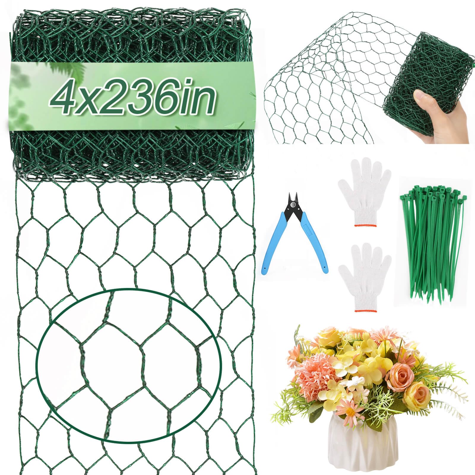 ROADPLUM 4 × 236 in Floral Wire Netting, Green Chicken Wire for Floral Arrangements, Galvanized Coated Chicken Mesh Netting with Plier & Plant Ties for Floral Supplies | Garden Fencing | DIY Craft