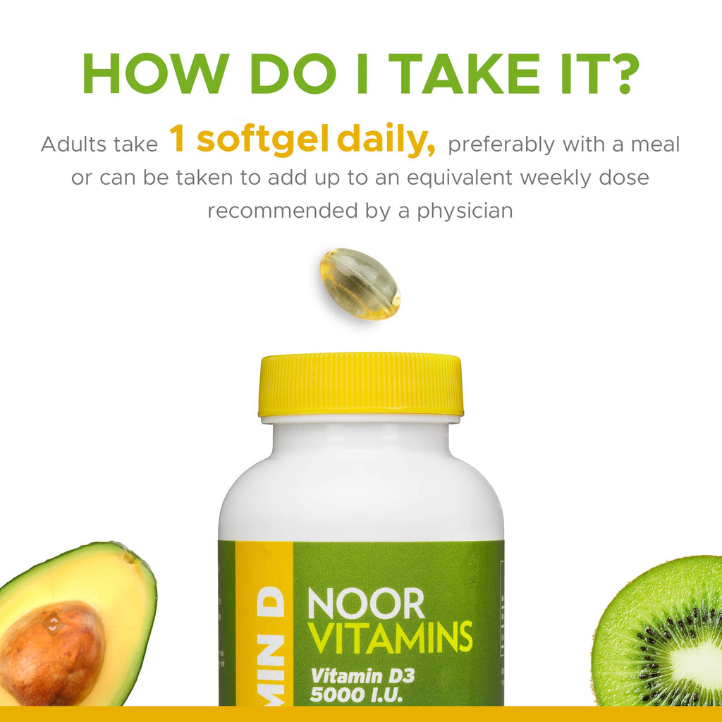 Noor Vitamins Halal Vitamin D, Halal Vitamin D3, 5000 IU Softgels, Supports Bone, Immune & Heart Health, from Safflower Oil to Maximize Absorption, Non-GMO, Gluten Free & Halal (60 Count)…