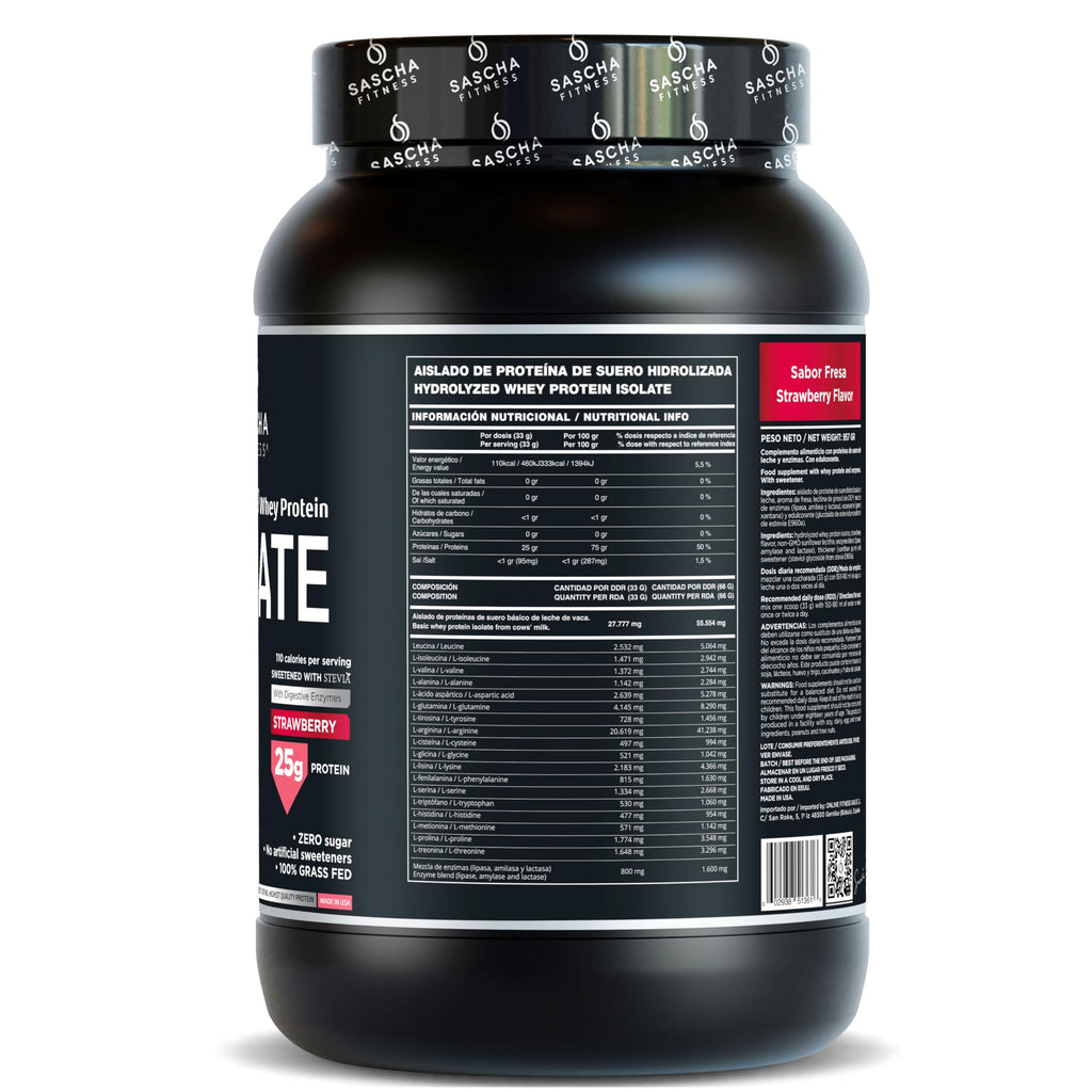 SASCHA FITNESS Hydrolyzed Whey Protein Isolate,100% Grass-Fed (2 Pounds, Strawberry)