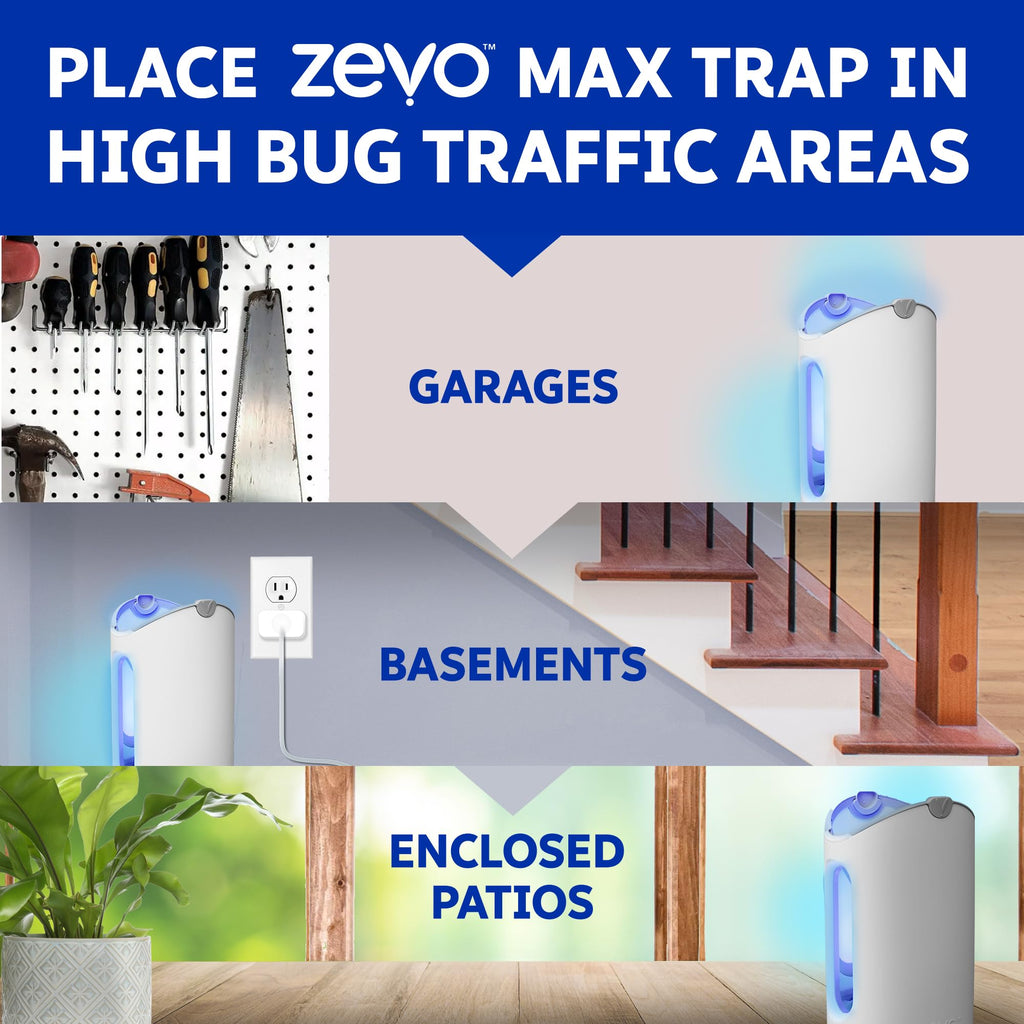 Zevo MAX Bug Catcher & Fly Trap for Indoors - Flying Insect Trap for Gnats, House & Fruit Flies - Use in Any Room - No-Mess Disposal (2 Plug in Bases & 4 Cartridges)