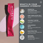 Isagenix Hydrate - Superior Hydration with 1625+ mg of Essential Electrolytes - No Added Sugar - Raspberry Flavor - 0.2 oz Sticks - 24 Servings