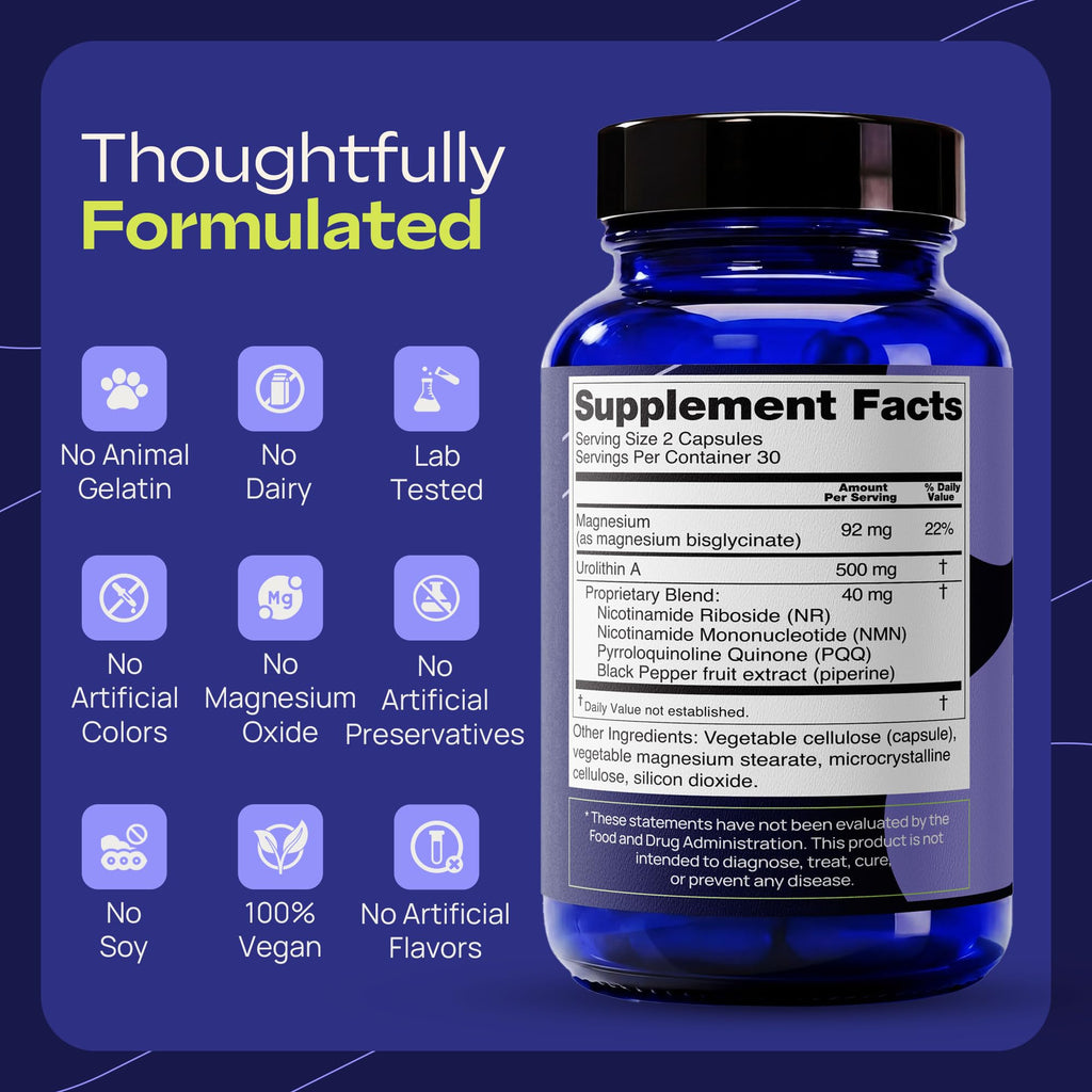 Stacked Science Urolithin A 632mg with NMN, NR, PQQ & Magnesium Bisglycinate, Mitochondrial & Cellular Energy Support, NAD+ Booster Supplement, 60 Vegan Capsules, Unflavored, 30-Day Supply