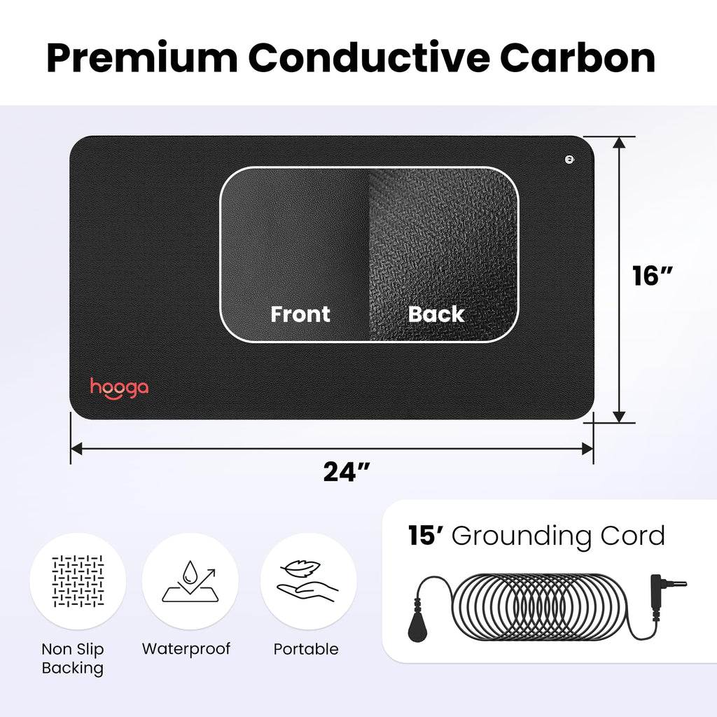 hooga Grounding Mat for Feet, Desk & Floor | Sleep, Stress Relief & Muscle Relaxation | 24"x16" Conductive Carbon Pad | 15 Ft Cord | Non-Slip Rubber Backing | Indoor Grounding Mat