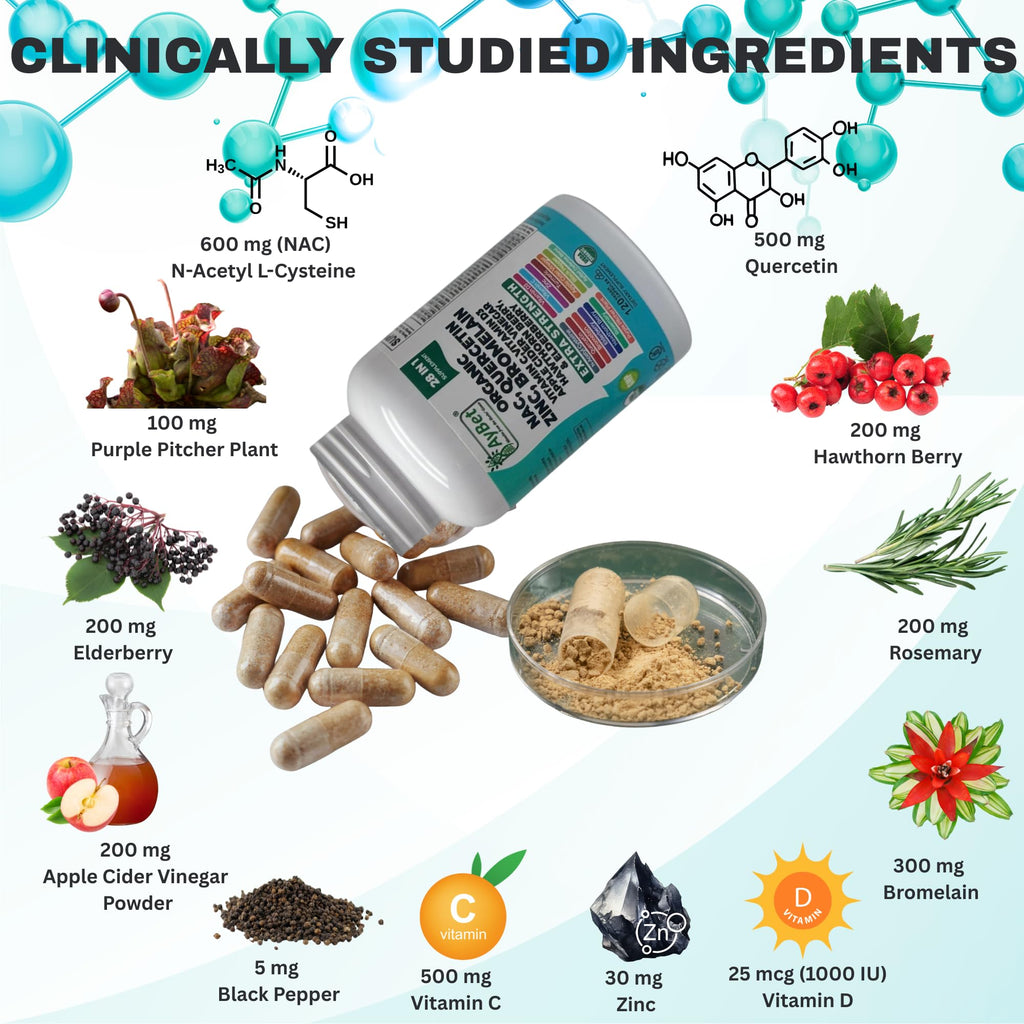 NAC-n-acetyl cysteine- Quercetin Zinc Bromelain Supplement | Extra Strength with Vit C, D3, Apple Cider Vinegar, Elderberry, Hawthorn Berry, Turmeric | Immune Support|120 Vegan Capsules | USDA Organic