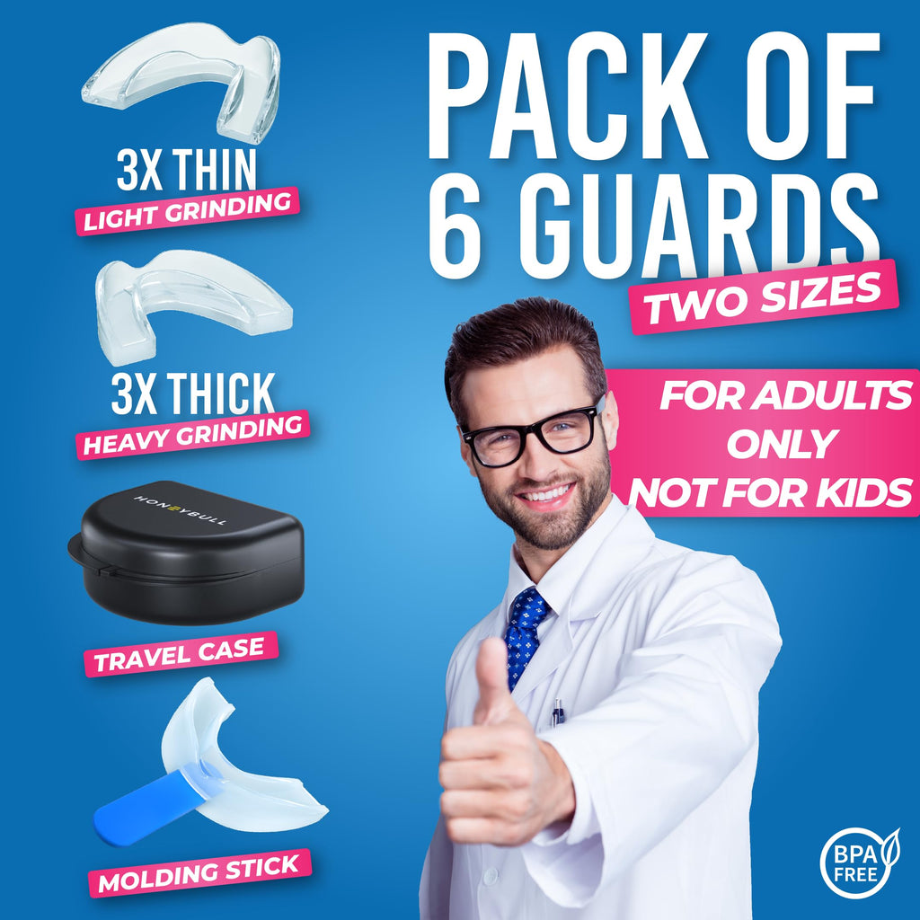HONEYBULL Anti Grinding Night Guards, Moldable, 6 Pack Thin & Thick