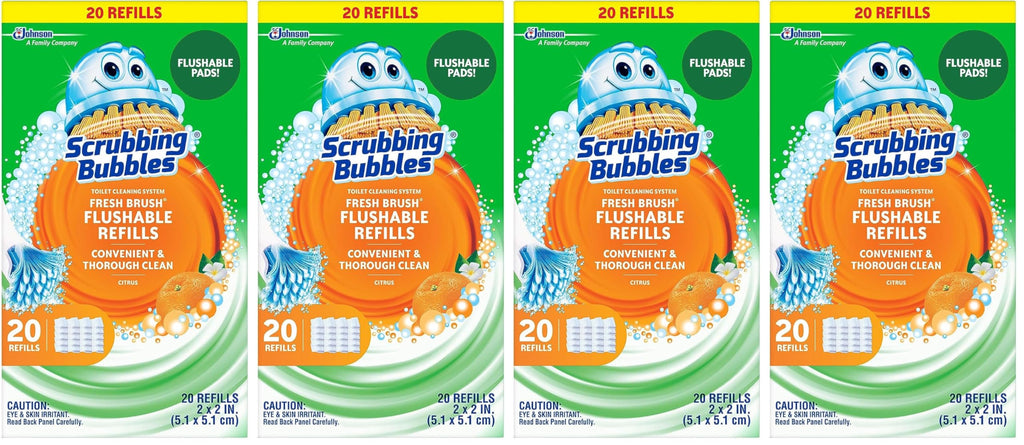 Scrubbing Bubbles Flushable Toilet Bowl Wand Cleaner Refills, Fresh Brush Cleaner Toilet Refill Pads, Removes Limescale & Odors, Citrus Scent,20 Count (Pack of 4)