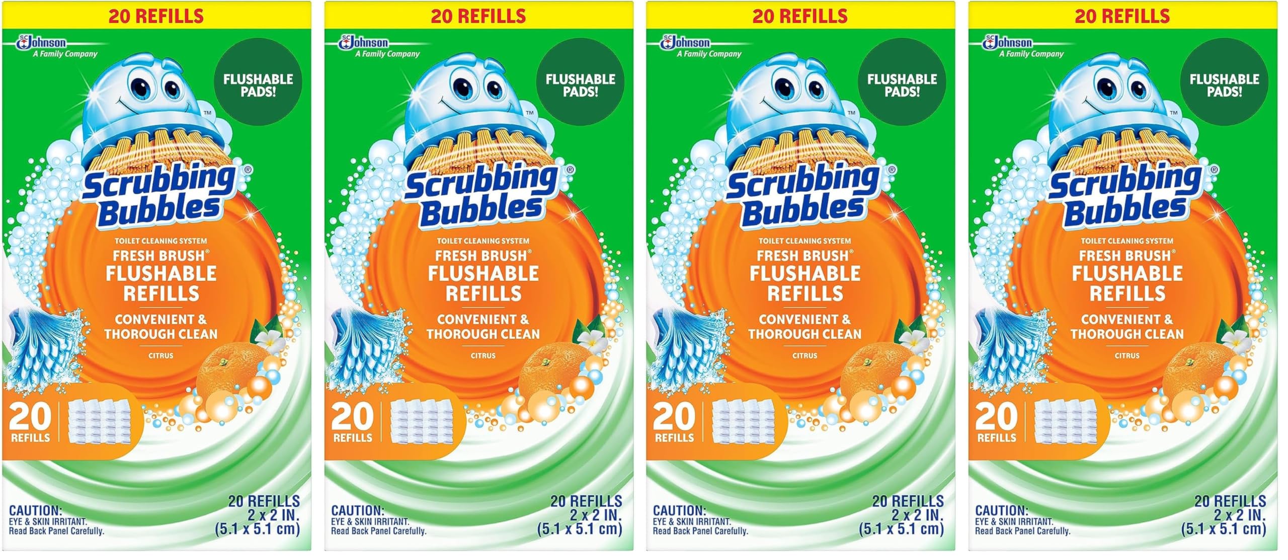 Scrubbing Bubbles Flushable Toilet Bowl Wand Cleaner Refills, Fresh Brush Cleaner Toilet Refill Pads, Removes Limescale & Odors, Citrus Scent,20 Count (Pack of 4)