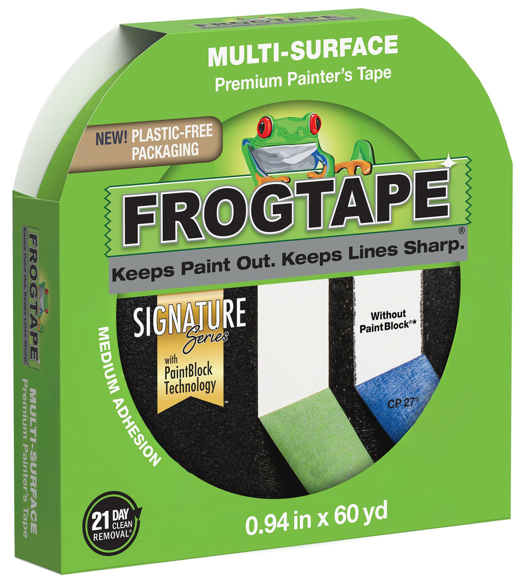 FrogTape Multi-Surface Painter's Tape with PAINTBLOCK, 1 in Wide (0.94 in x 45 yd), Quick Stick Medium Adhesion, Premium Green Painters Tape Removes Clean, 1 Roll (1396748)