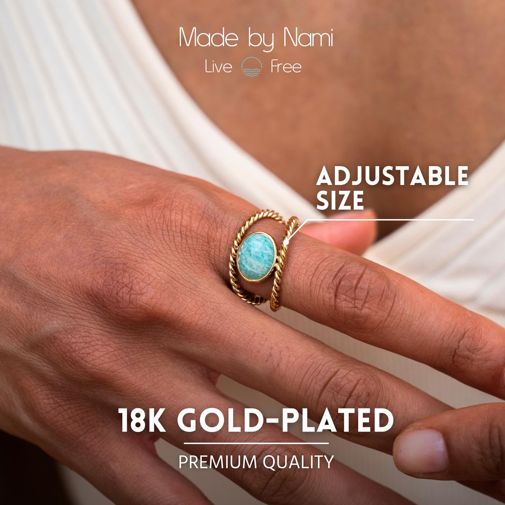 Made by Nami Adjustable Gold Plated Gemstone Ring for Women Handmade Boho Stacking Rings Chunky Open Band Turquoise Statement Jewelry Unique Minimalist Design for Everyday or Special Occasions (Double Row Turquoise Stone)