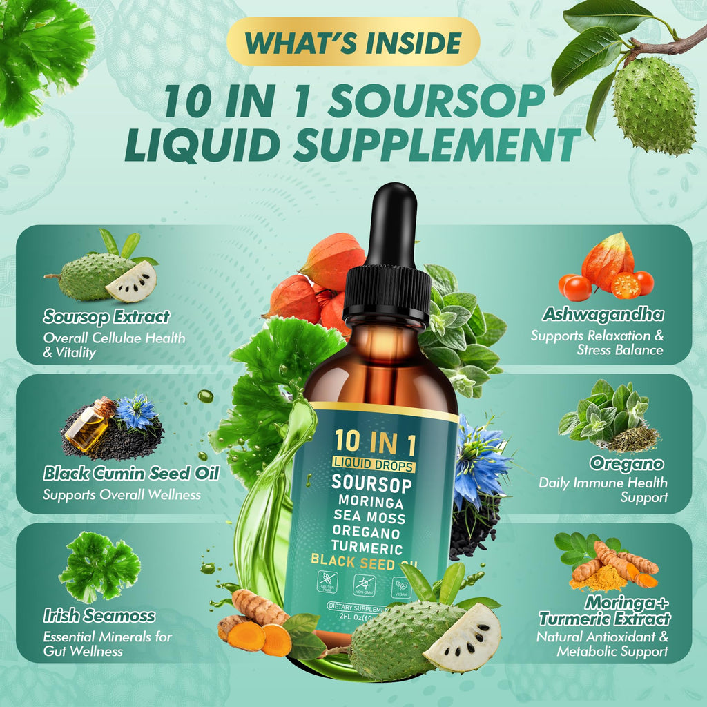 Royavita Soursop Bitters Liquid Drops, Bitter Herbs with Soursop Extract, Ashwagandha, Sea Moss & Black Seed Oil, Formulated for Immune Wellness, Antioxidant Support & Healthy Digestion, 2 FL Oz