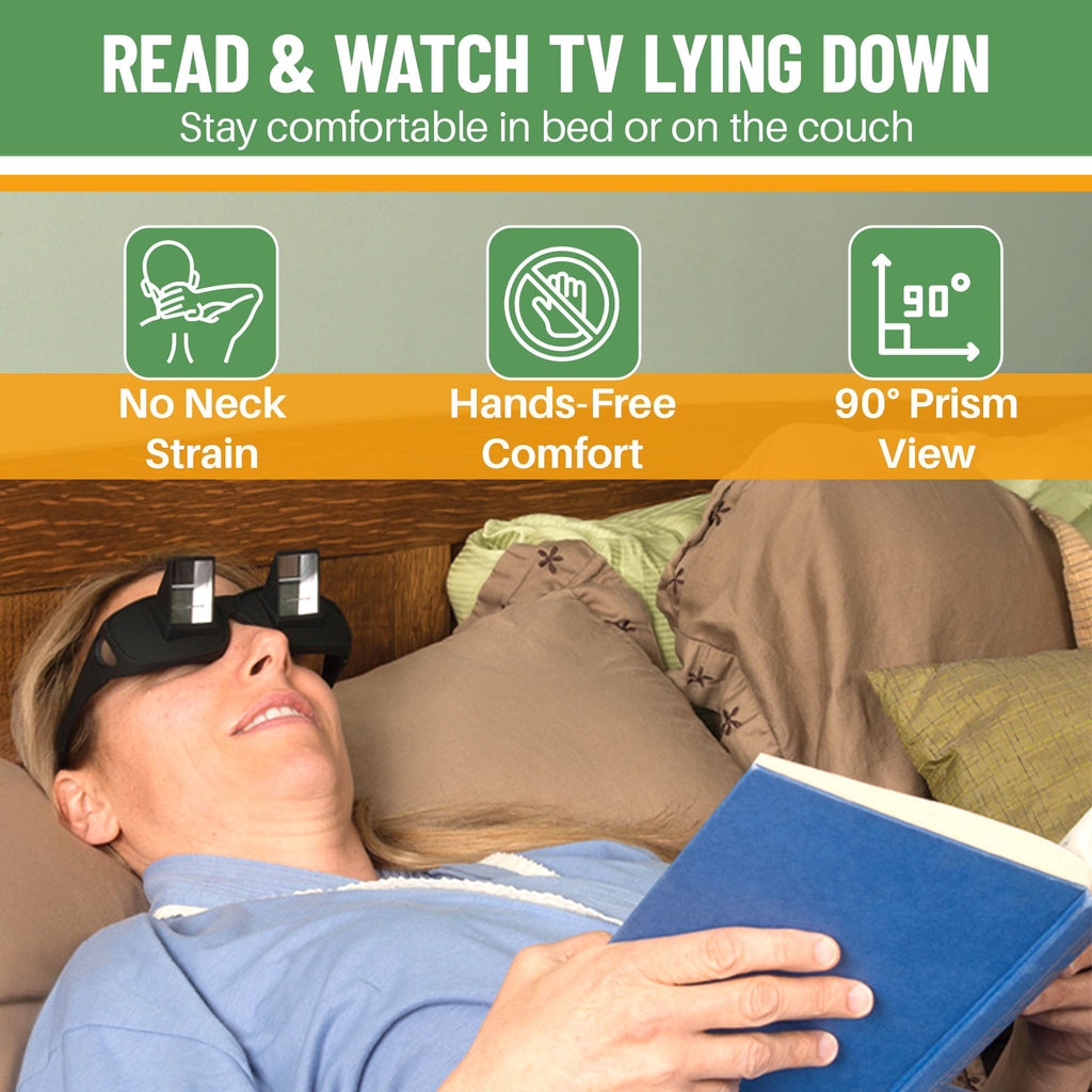 Evelots Laying Down Reading Glasses (2 Pack) - High Definition Lazy Bed Prism Spectacles for Bedside Reading and TV, Over Glasses Design, Unisex