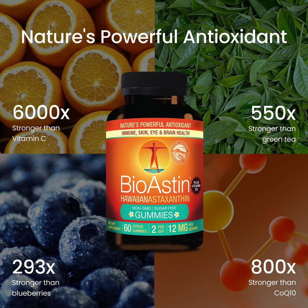 Nutrex Hawaii BioAstin Hawaiian Astaxanthin - Vegan - 12mg High Potency, 60 Citrus Gummies - Antioxidant Support for Skin & Immune Health - Premium Microalgae Grown in Kona - Non-GMO & Gluten-Free