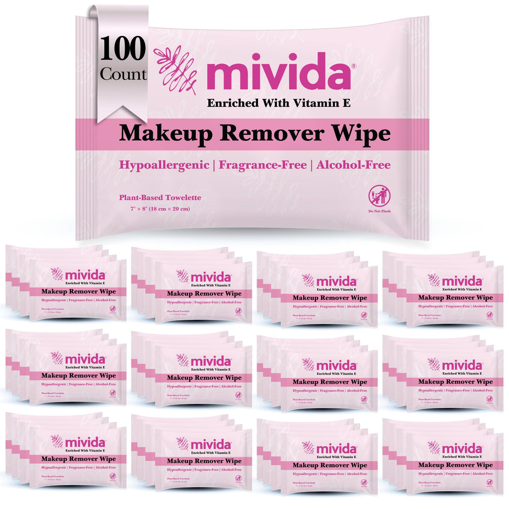 mivida 100 Count Hypoallergenic Individually Wrapped Makeup Remover Wipes with Vitamin E | Dermatologist Tested | Alcohol-Free, Fragrance-Free makeup remover wipes individually wrapped